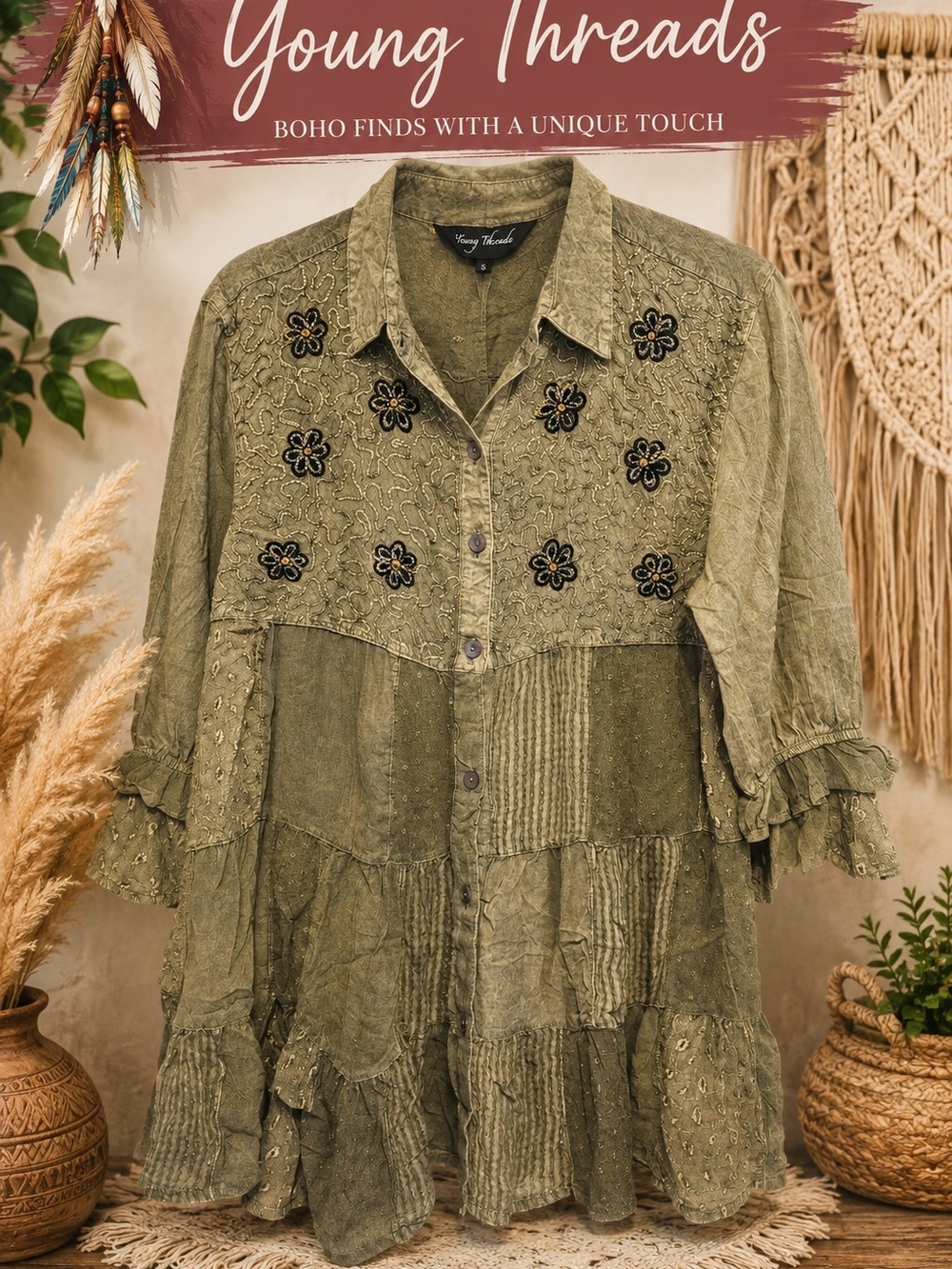 214 Young Threads Olive Green Embroidered Boho Tunic